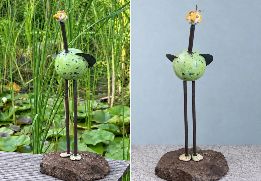 Dieselbe KERAMIKATUR mit hocherhobenem Haupt im Garten am Teich und in einem Innenraum.
